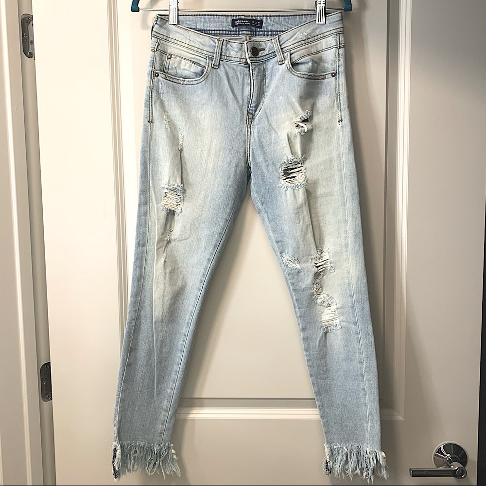 Zara Z1975 Basic Denim | Ripped Skinny Jeans with Fringe Hem | Light Wash | 6